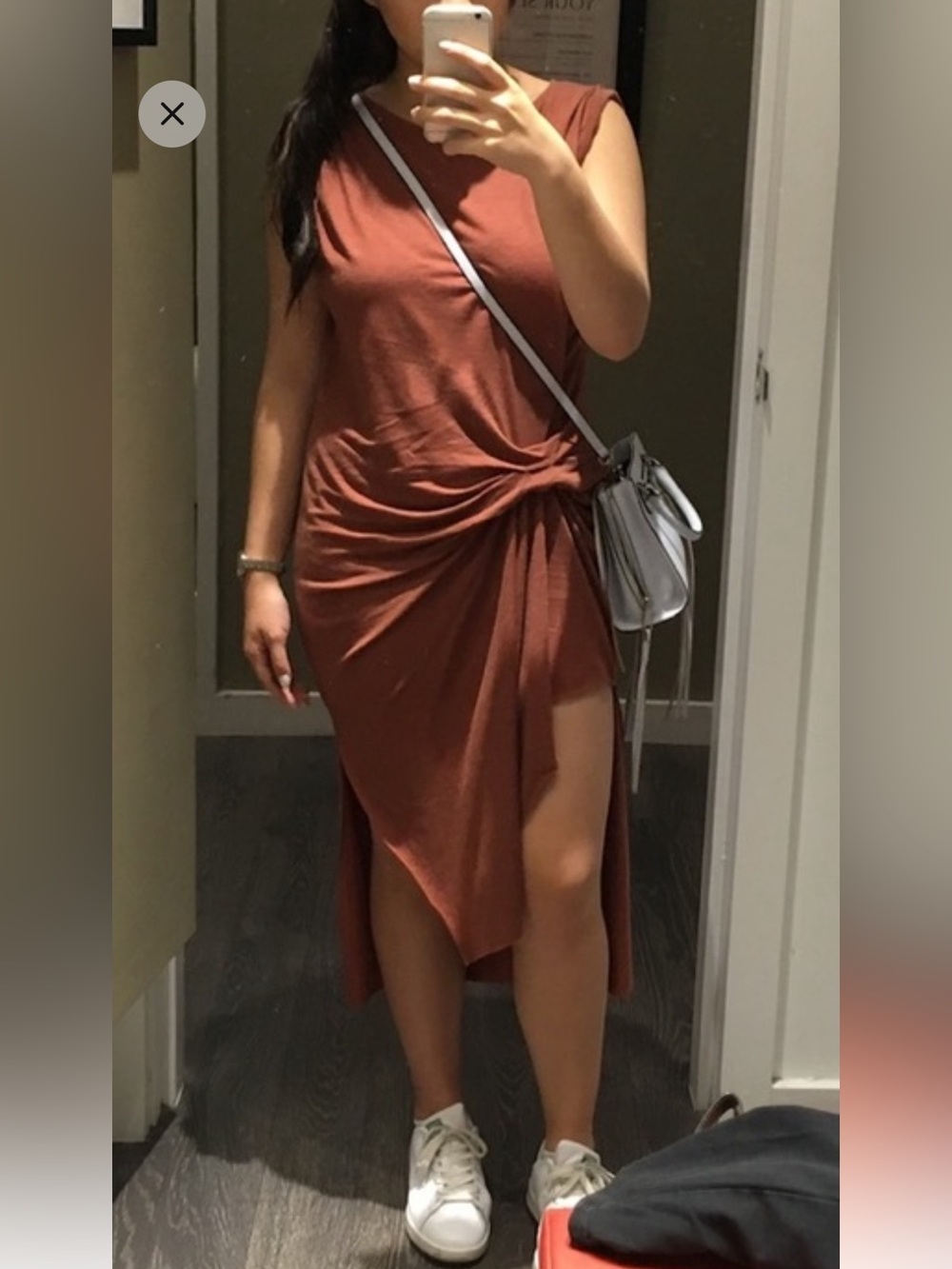 AllSaints Rust Asymmetrical Knot-Front Midi dress